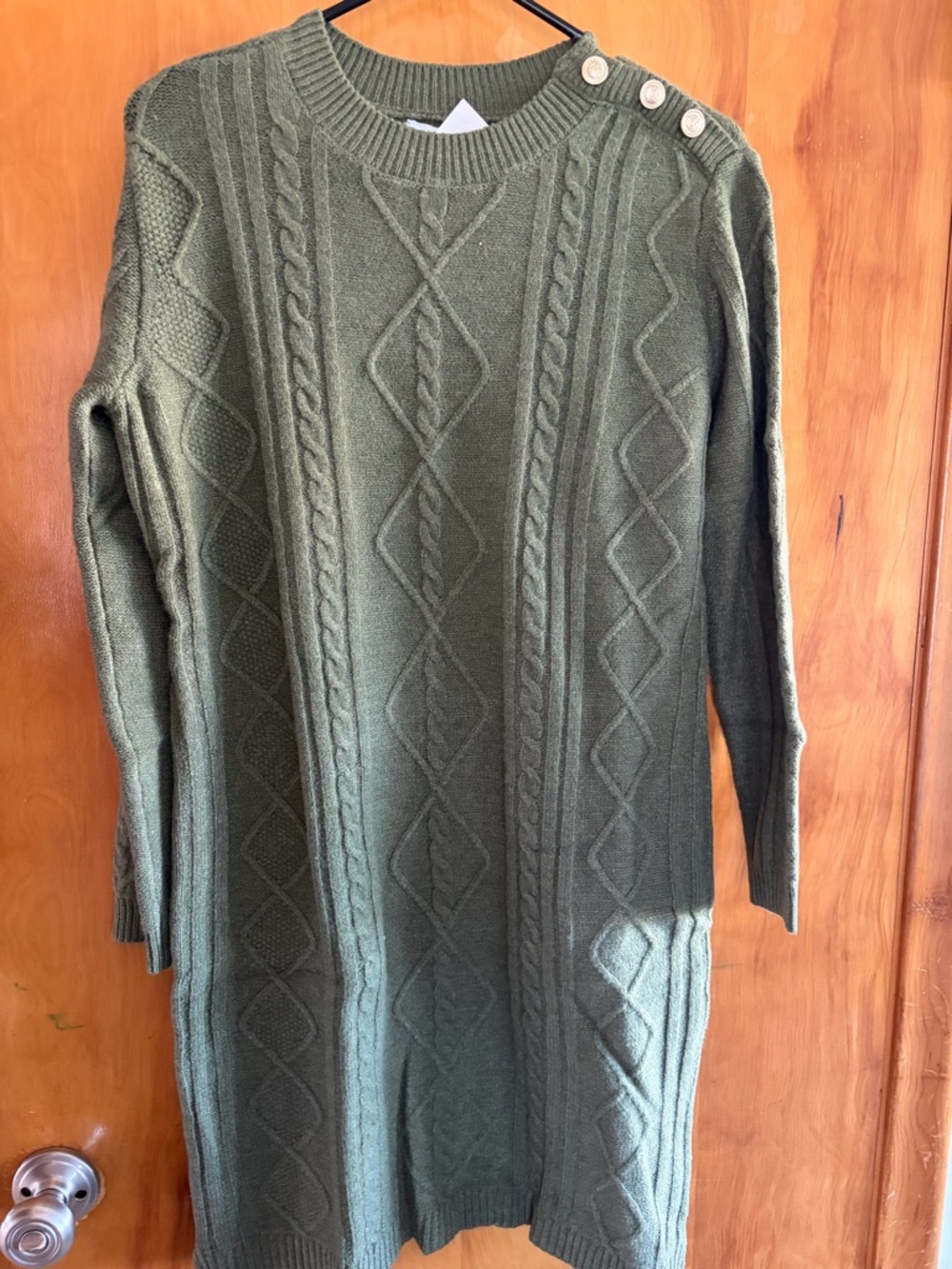 Nine West Olive Green Cable-Knit Crewneck Sweater Dress with Shoulder Buttons